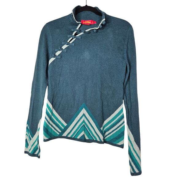 Shanghai Tang L Silk Cashmere Teal Blue Green Sweater Button Neck Chevron - Picture 1 of 4